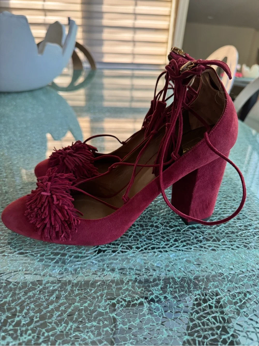 Aquazzura Women's Burgundy Tassel Lace-Up Pumps 40